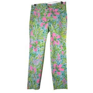 Lilly Pulitzer Floral Print Ankle Pants Green Pink Cotton Stretch